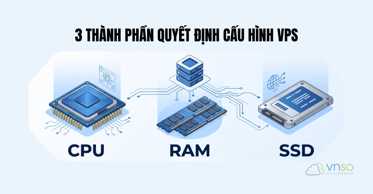 Minh họa CPU, RAM và SSD trong cấu hình VPS chạy AI Agent.