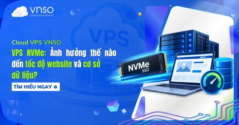 VPS NVMe với ổ cứng NVMe SSD, máy chủ, laptop và biểu tượng tốc độ xử lý dữ liệu.