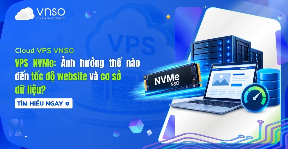 VPS NVMe với ổ cứng NVMe SSD, máy chủ, laptop và biểu tượng tốc độ xử lý dữ liệu.