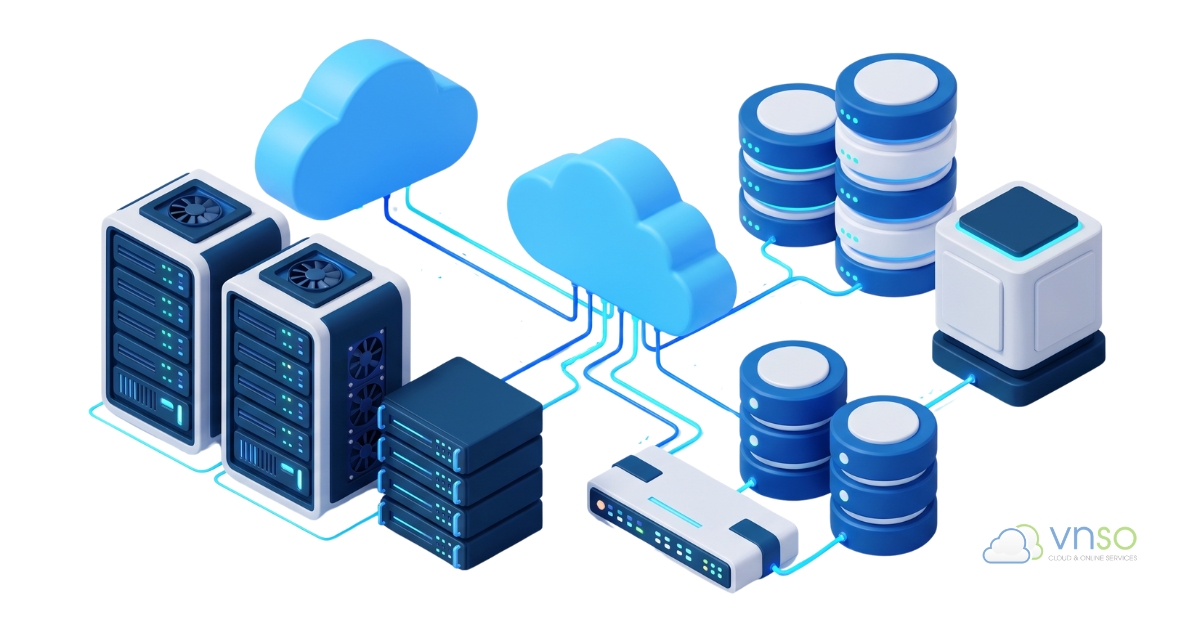 Hạ tầng Cloud mở rộng với bộ cân bằng tải, máy chủ ứng dụng và hệ thống lưu trữ dữ liệu
