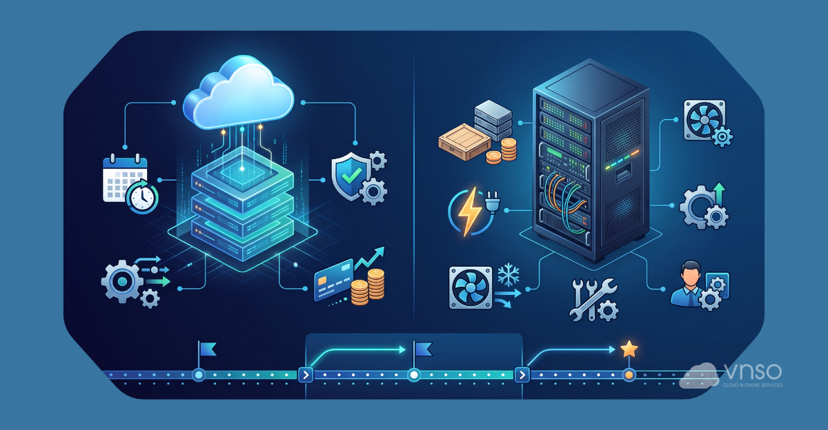 Minh họa hệ thống máy chủ ảo trên nền tảng cloud và máy chủ vật lý chuyên dụng.