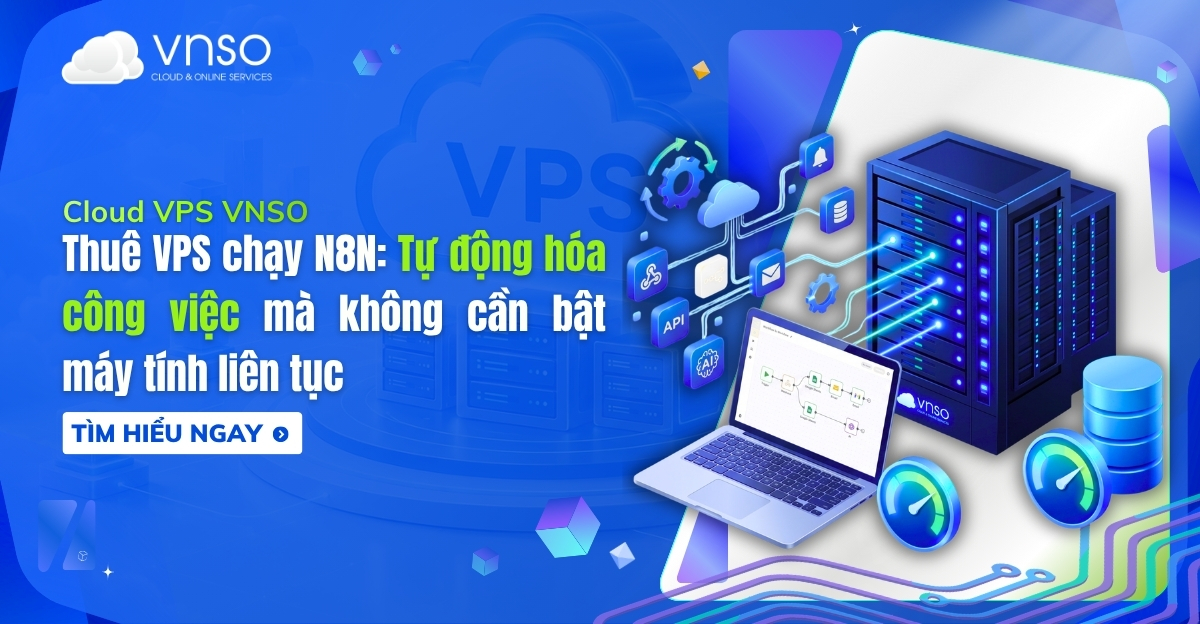 Minh họa hệ thống VPS chạy n8n kết nối các ứng dụng, cơ sở dữ liệu và công cụ AI để tự động hóa quy trình công việc.