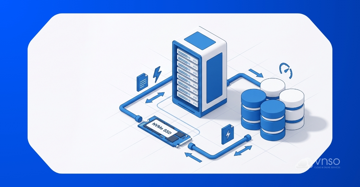 VPS NVMe hỗ trợ truy xuất dữ liệu cho các hệ quản trị cơ sở dữ liệu.