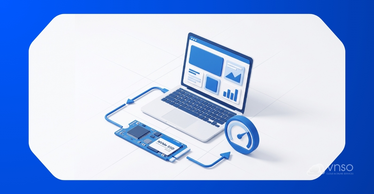 VPS NVMe và tốc độ tải trang website trên laptop.